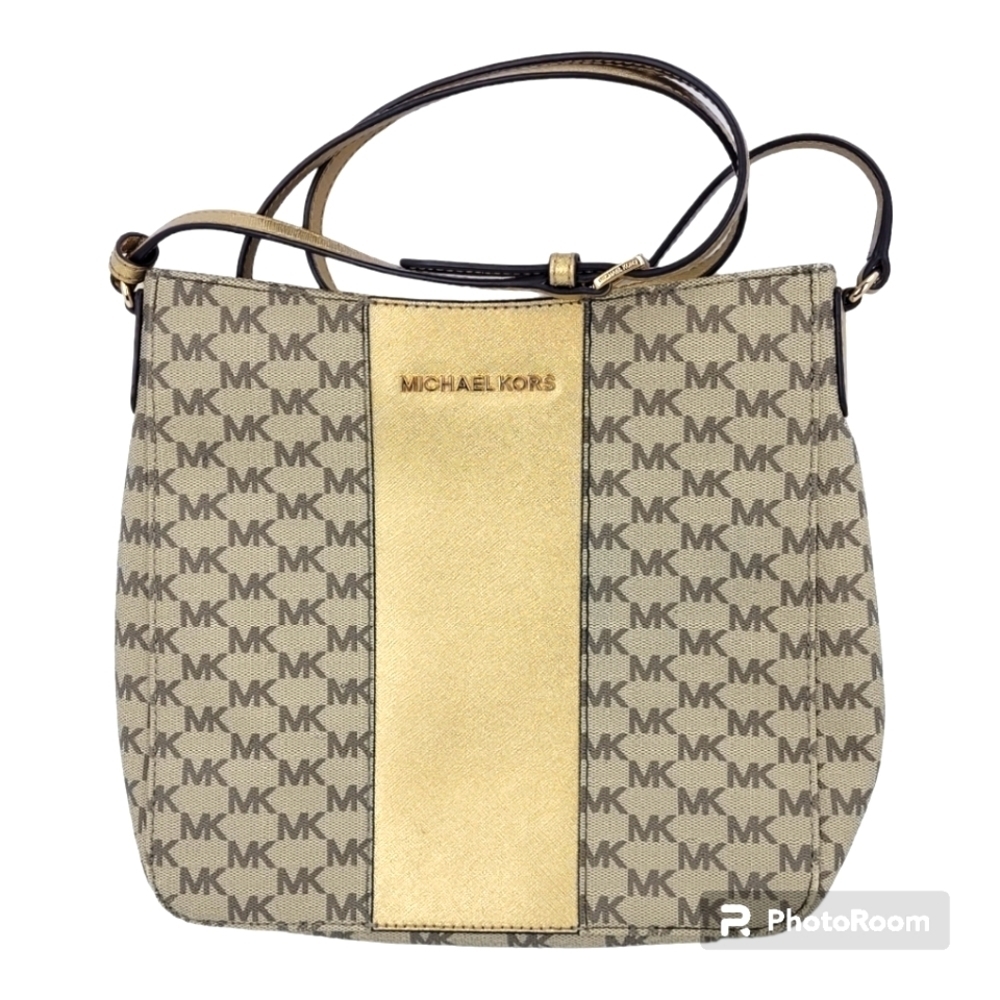 Michael Kors Purse Bag Certified w/ COA Gold Center Stripe Crossbody Purse Bag